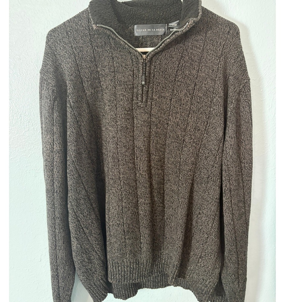 Oscar de la Renta Mens XL Gray Ribbed Quarter Zip Sherpa Sweater Dark Academia